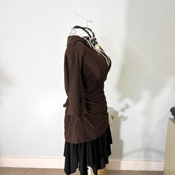 super cute vintage y2k brown & pink polka dot babydoll wrap blouse top - Picture 3 of 6